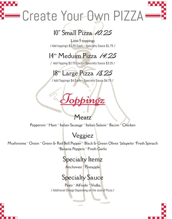Create your own pizza menu with sizes, prices, and toppings.