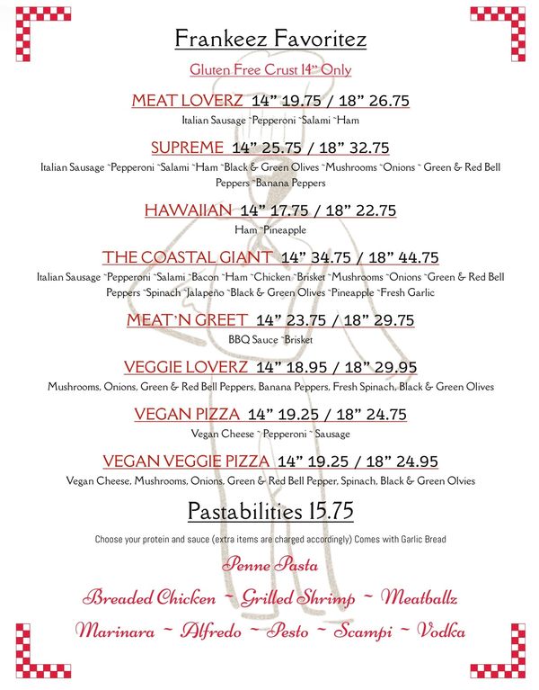 Frankeez Favoritez pizza menu with gluten-free crust and various toppings.