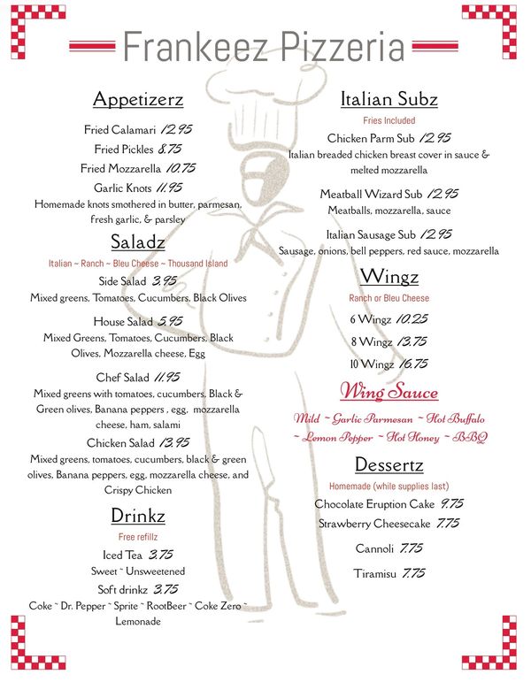 Frankeez Pizzeria menu with appetizers, salads, subs, wings, sauces, drinks, and desserts.